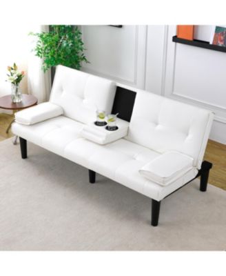67" White PVC Sofa Bed - Foldable with Cup Holder
