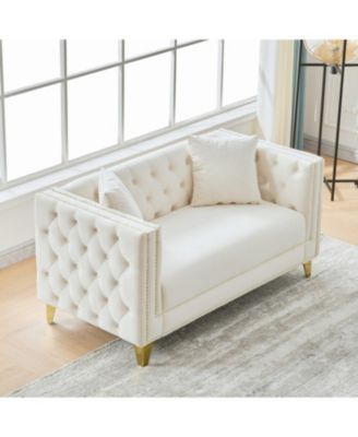 58" Chesterfield Velvet Sofa, 2 Seater, Button Nailhead, Beige