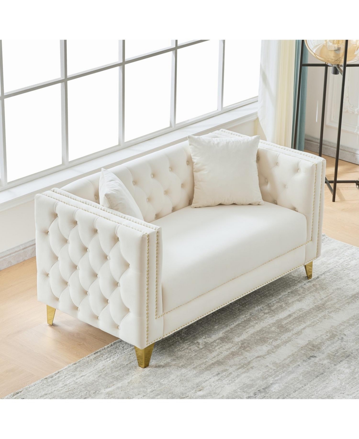 Streamdale Furniture 58" Chesterfield Velvet Sofa, 2 Seater, Button Nailhead, Beige