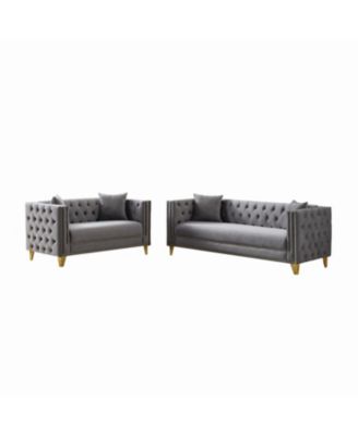 Chesterfield Velvet Sofa, 3+2-Seater, Button Nailhead, Grey