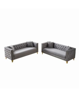 Chesterfield Velvet Sofa, 3+3 Seater, Button Nailhead, Square Arm