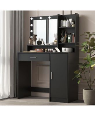 Vanity Desk with Lighted Mirror, Drawer & 3-Tier Storage, Adjustable Brightness