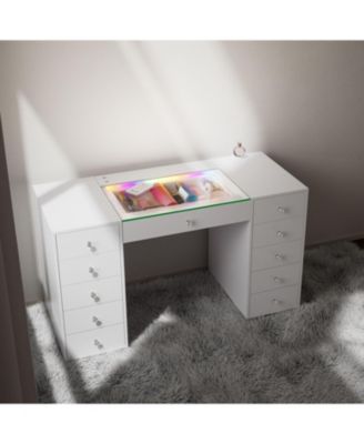 51.2" RGB LED Vanity Desk, Modern Glass Top Makeup Table with 11 Drawers