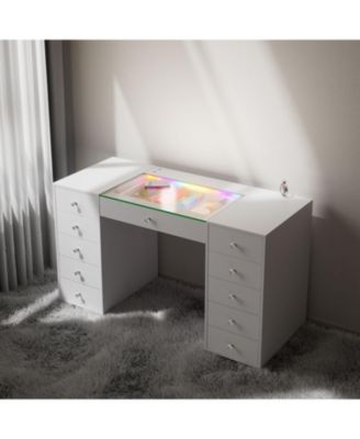 51.2" RGB LED Vanity Desk, Modern Glass Top Makeup Table with 11 Drawers