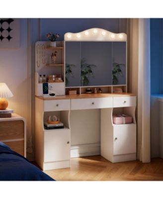 Vanity Desk with Lighted Mirror, USB Power, Drawers & Cabinets (White)