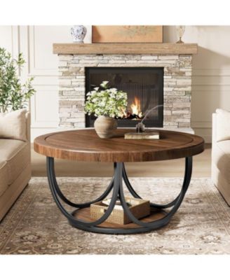 Round Coffee Table with 2 Tiers, 33.5" Wooden Circle Accent Cocktail Table, Industrial Center Tables