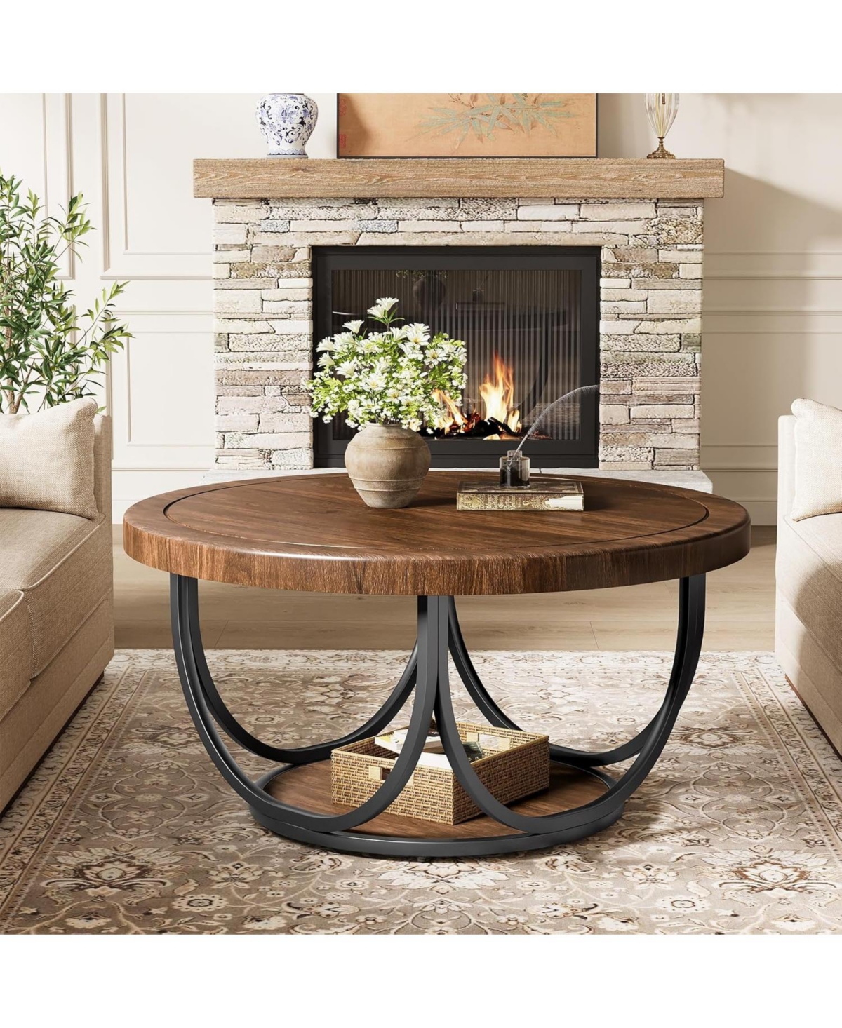 Tribesigns Round Coffee Table with 2 Tiers, 33.5" Wooden Circle Accent Cocktail Table, Industrial Center Tables