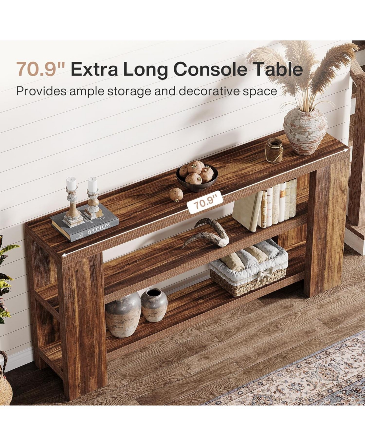 Tribesigns 70.9-Inch Extra Long Console Table with Storage, Narrow Wooden Sofa Behind The Couch, Farmhouse 3-Tier Entry Foyer
