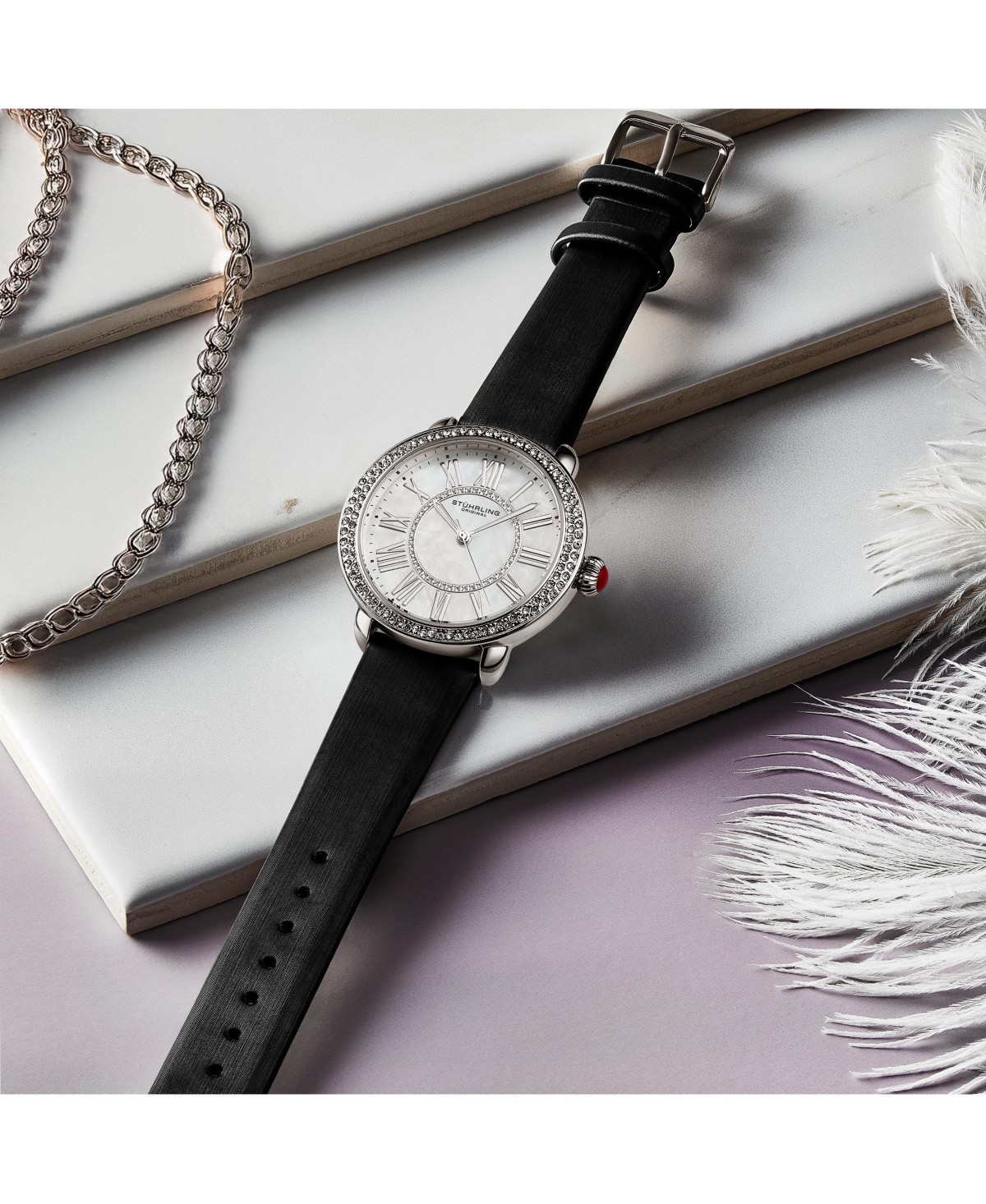 Женские часы Stuhrling Elegant 40мм на чёрном атласном ремешке с кристаллами модель 4068 — фото 5
