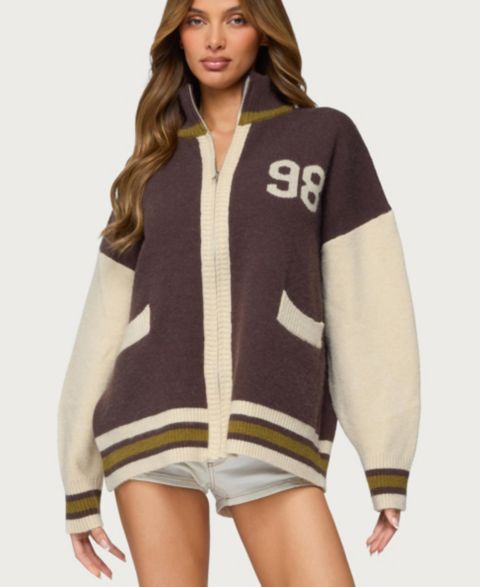 Женский свитер Edikted 98 Varsity Zip Up, цвет: Коричневый