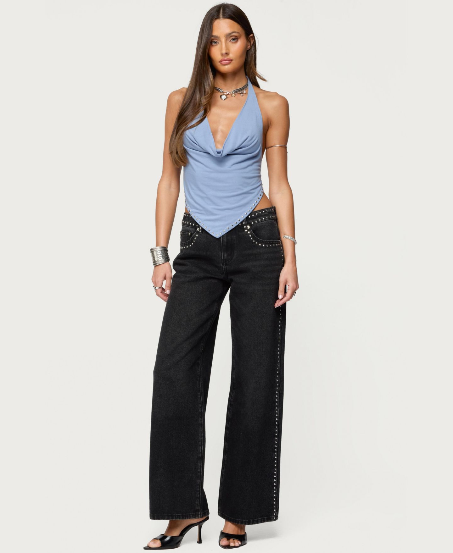 Женский топ Edikted Zenya Backless Cowl Neck Halter, цвет: Синий — фото 5