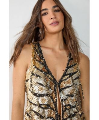 Women's Hand Embellished Tassel Sequin Waistcoat