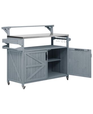 53.3" Outdoor Kitchen Island with Raised Shelf, Solid Wood Outdoor Rolling Grill Cart with Internal Storage