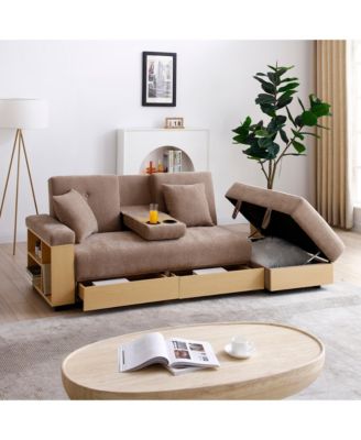 Convertible Sleeper Sofa Couch,Multifunctional Double Folding Sofa Bed,Storage Ottoman and Sofa arm with  box and drawer,Beige