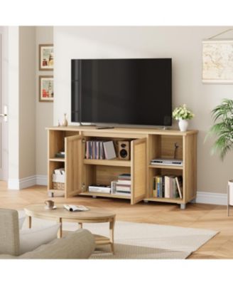 Rattan TV Stand for 70" TV, Entertainment Center with Storage Shelves, Natural Oak Console