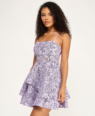 Junior's Sequined Lace Spaghetti Strap Square-Neck Dress