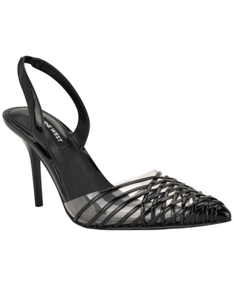 Женские туфли Nine West Pemma Woven Slingback Stiletto Pumps, цвет: Чёрный лаковый / Прозрачный