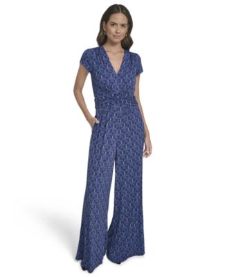 Women's V-Neck Printed Shirred Front Jumpsuit