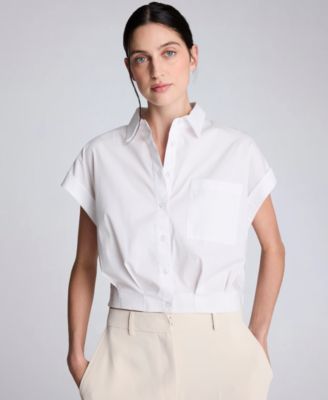 Women's Button Front Collared Cropped Shirt