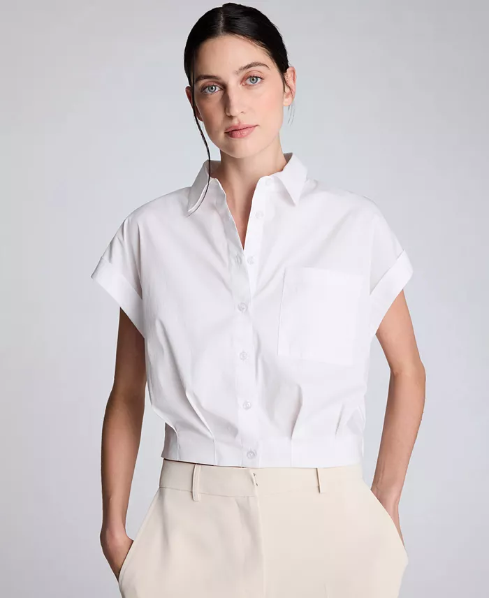 Women's Short-Sleeve Button-Front Collared Cropped Shirt - thumbnail 6