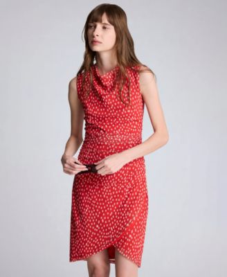 Women's Cowl Neck Polka Dot Side Asymmetrical Mini Dress