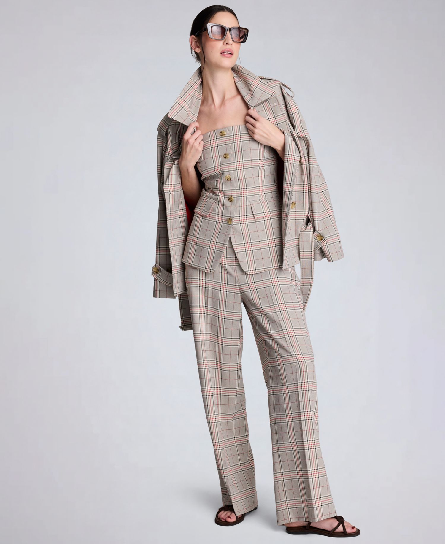 Women's Glen Plaid Button Front Drop Waist Belted Trench Jacket