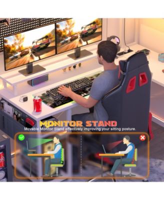 49'' Small L Shaped Desk with Hutch, Reversible Computer Gaming Desk with Outlet and LED Strip