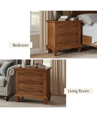 Talona 29'' W Transitional Carved 3 - Drawer End Table with Built-In Outlets and Solid Wood Legs