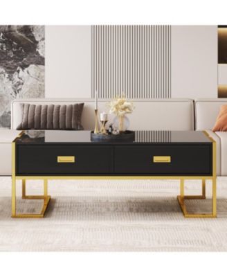 Modern Black Rectangular Coffee Table with 4 Drawers and Gold Base in 47.3"