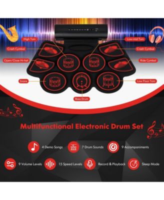 Portable Electronic Drum Set with Roll Up Pads MIDI Connection and Dual Speakers