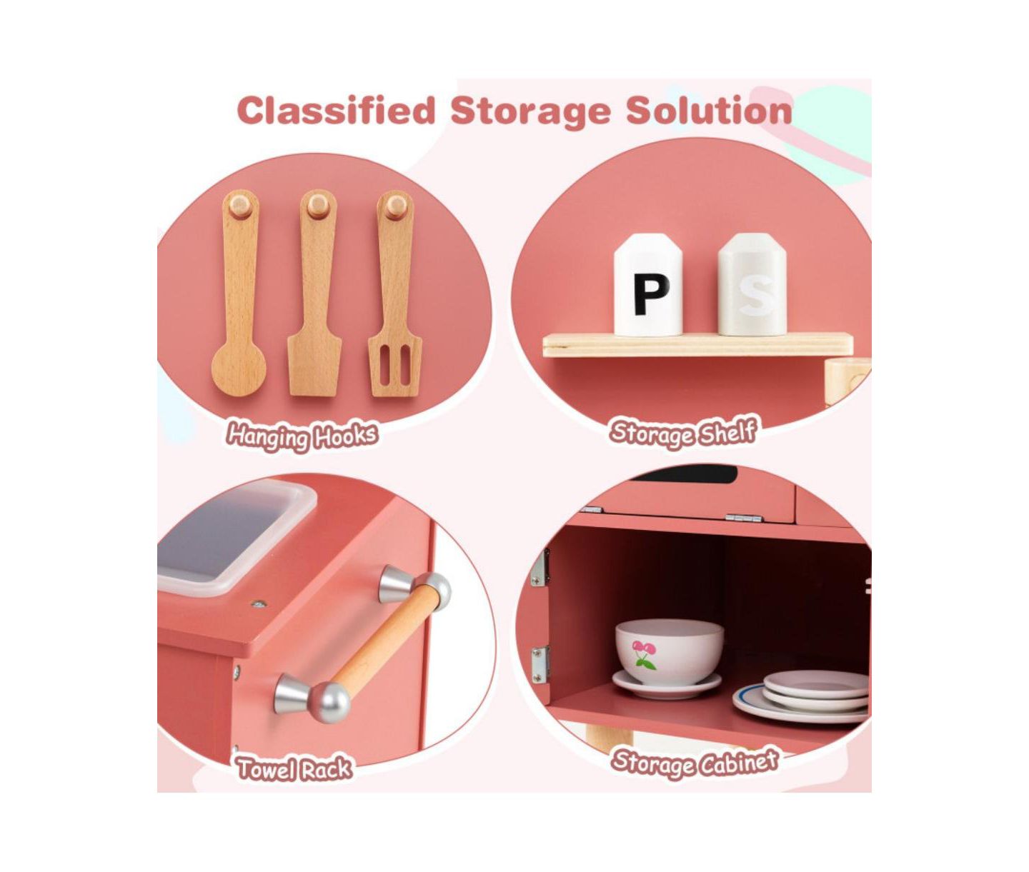 Детские игрушки HONGGE Interactive Cooking Wooden Play Kitchen Set with Built-In Storage, Ages 3+, цвет: Розовый — фото 7