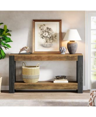 63-Inch Long Console Table for Entryway, Farmhouse Wood Sofa Table, Rustic Brown & Black