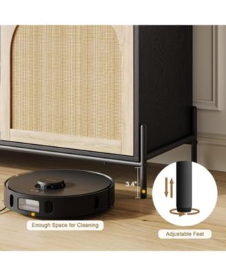 Rattan TV Stand for 75" TV, Mid-Century Entertainment Center with Adjustable Shelf and Storage