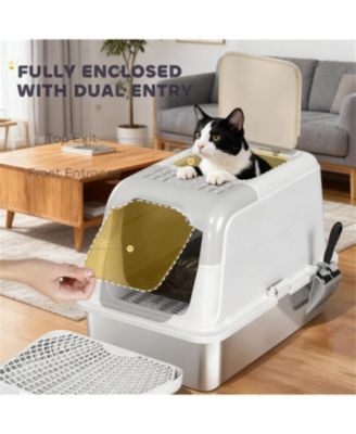 Elegant Gray Enclosed Cat Litter Box with Scoop & Deodorizer Bag – Discreet Odor Control for Home