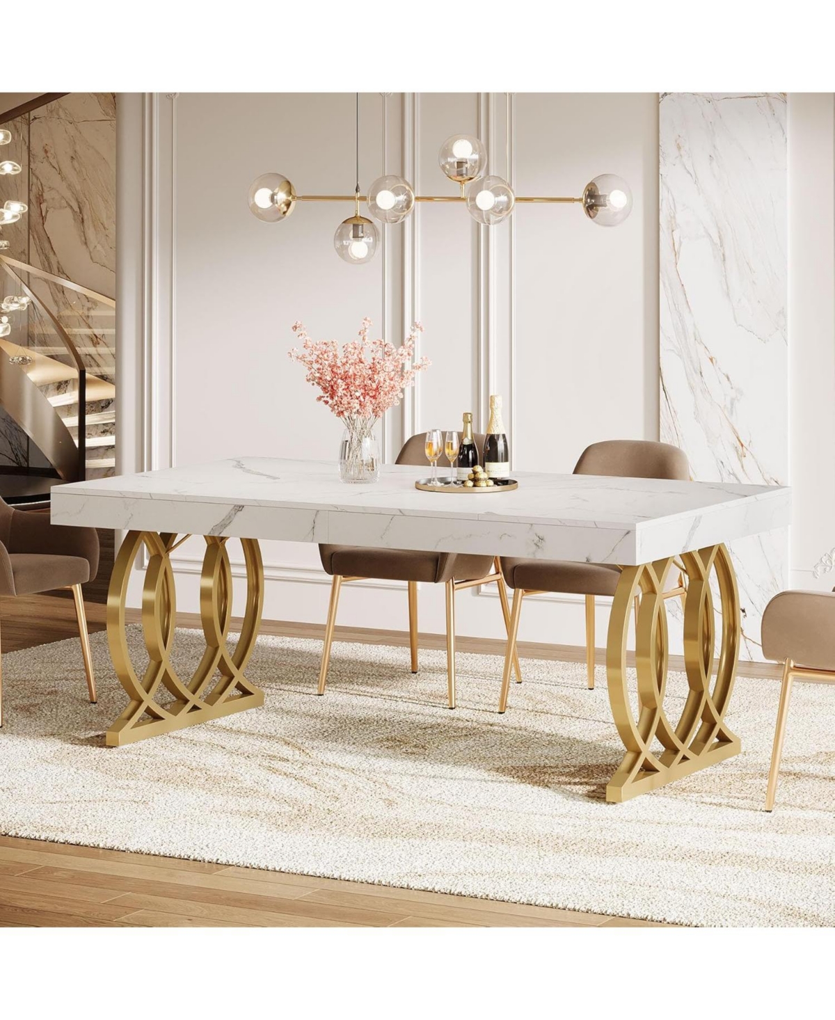 Tribesigns 63-Inch Wood and Metal Faux Marble Tabletop Modern Kitchen Dining Table