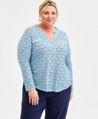 Plus Size Printed Split-Neck Long-Sleeve Top