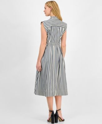 Women's Striped Belted Midi Shirtdress