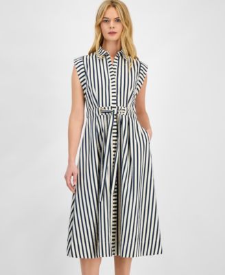 Women's Striped Belted Midi Shirtdress