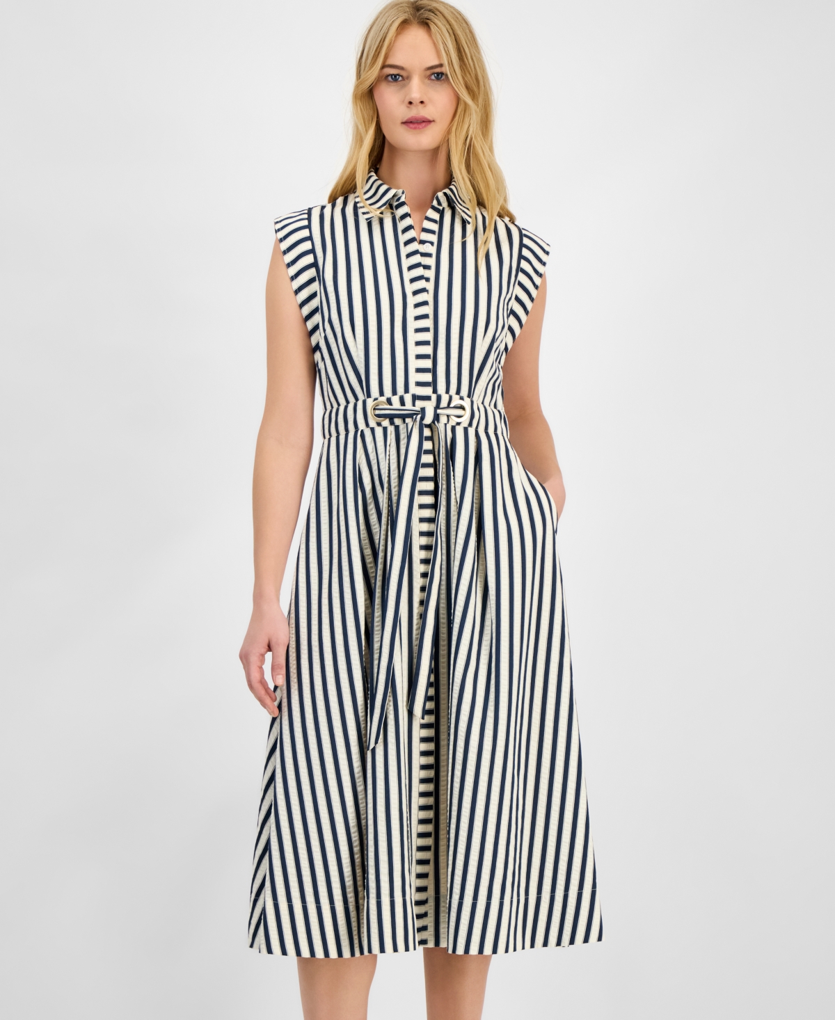 Sam Edelman Women's Striped Belted Midi Shirtdress