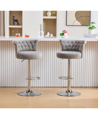  Velvet Bar Stool Set of 2, Adjustable Swivel, Silver Legs