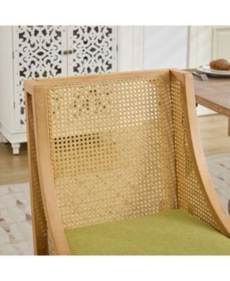 Rattan Dining Chair, Wood Frame, Linen Seat, Rustic Style, Olive Green
