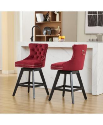 Velvet Barstools, Button Tufted, Wood Legs, Nailhead Trim, Set of 2