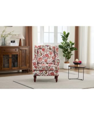 Floral Red Accent Chair with Wood Legs