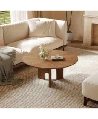 31.5 Inches Round Rustic Ash Wood Veneer Coffee Table for Small Living Room