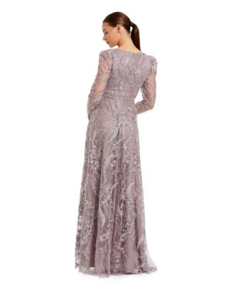 Women's Floral Embroidered V Neck Long Sleeve Gown