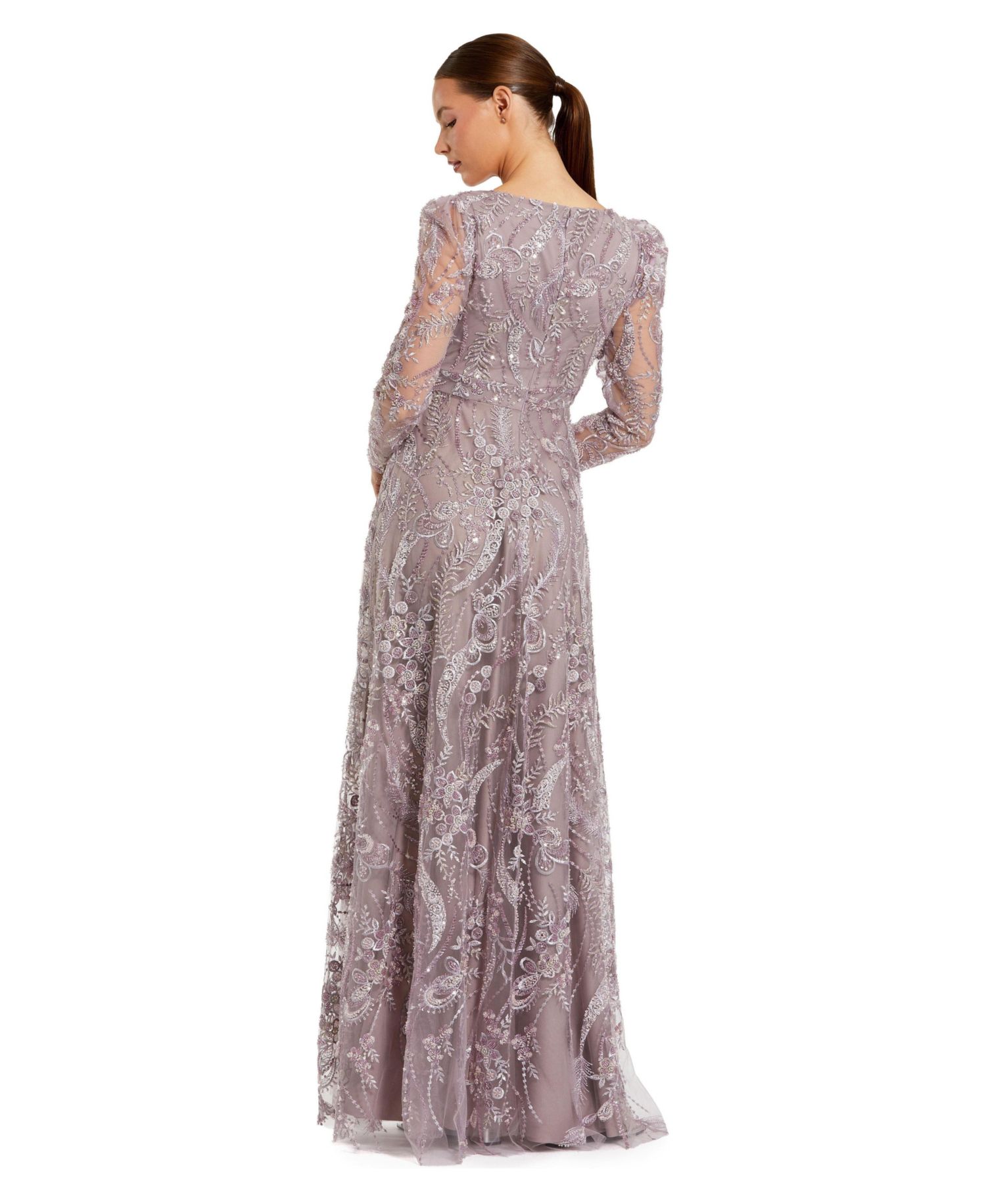 Women's Floral Embroidered V Neck Long Sleeve Gown