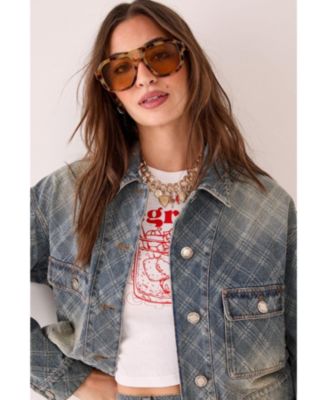 Women's Check Denim Distressed Jacket