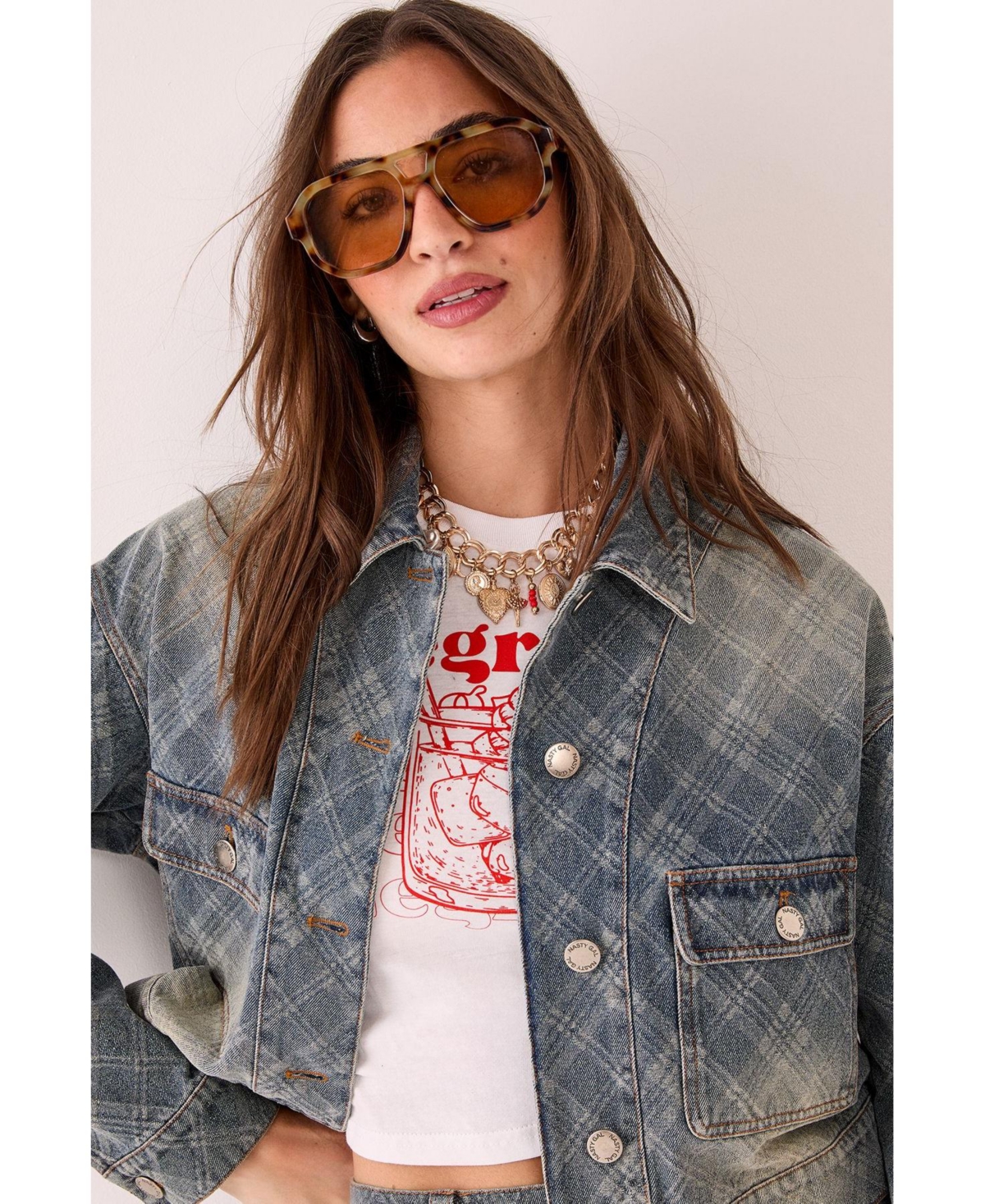 Nasty Gal Women's Check Denim Distressed Jacket