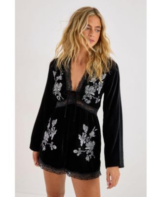 Women's Velvet Embroidered Lace Trim Romper