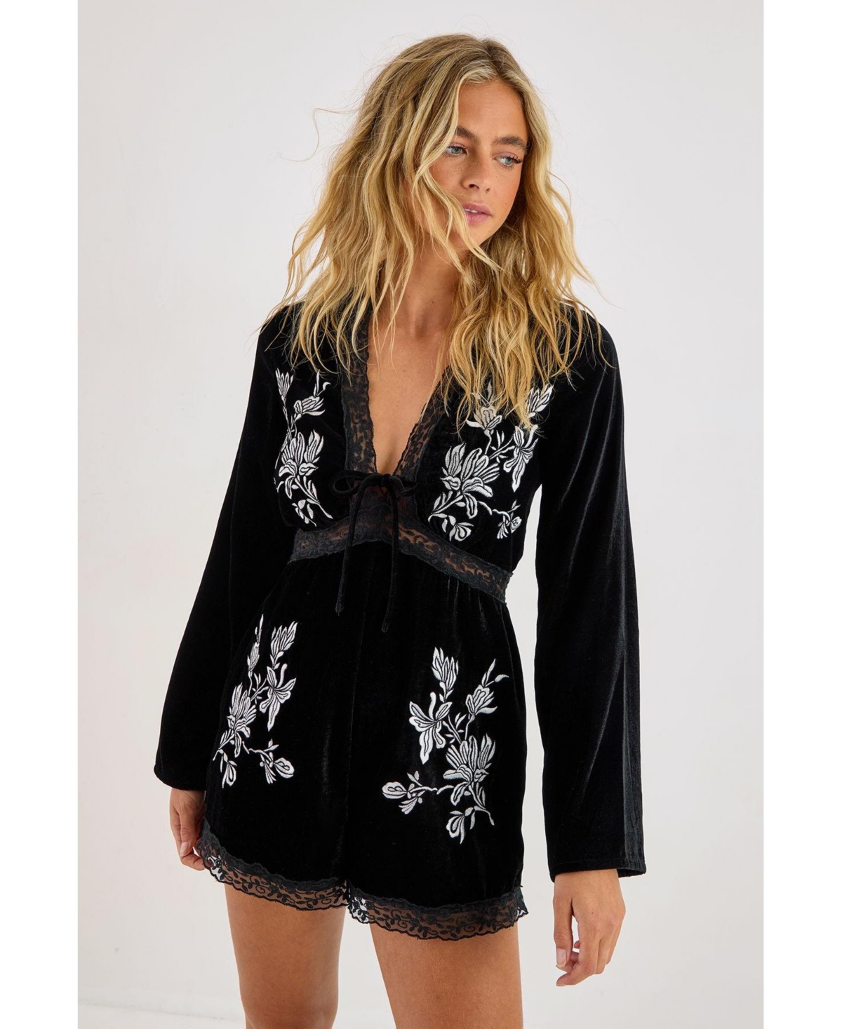 Nasty Gal Women's Velvet Embroidered Lace Trim Romper